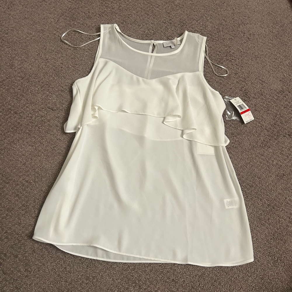 1. State White Sleeveless Asymmetrical Tie Front Blouse